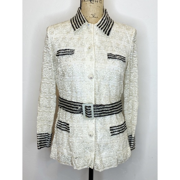 Vintage Tops - Vintage Belted Lace Button Up Shirt With Sequins and Beads